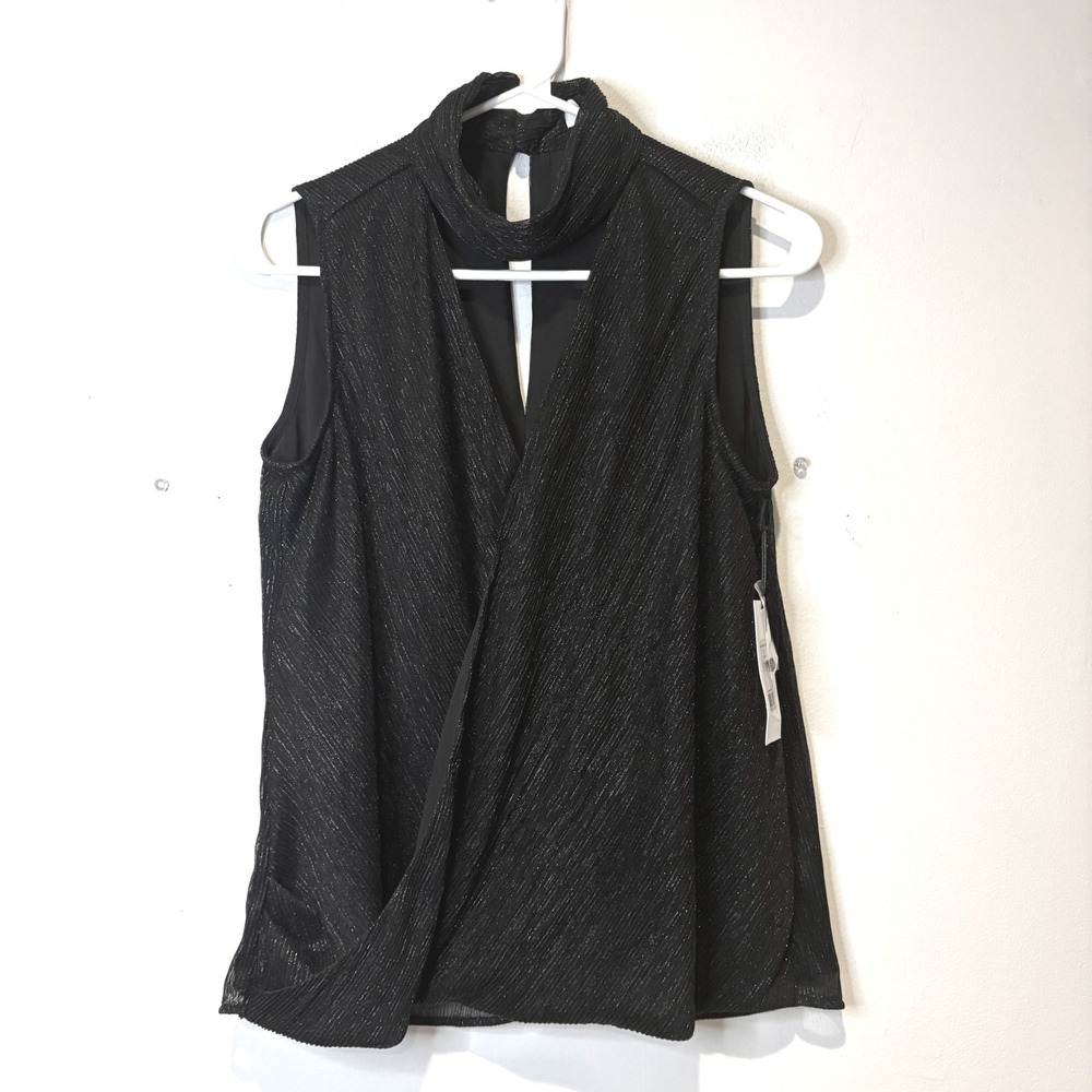 NWT BAILEY 44 Blair Crossover Mock Neck Sleeveless Black‎ Metallic Top Medium